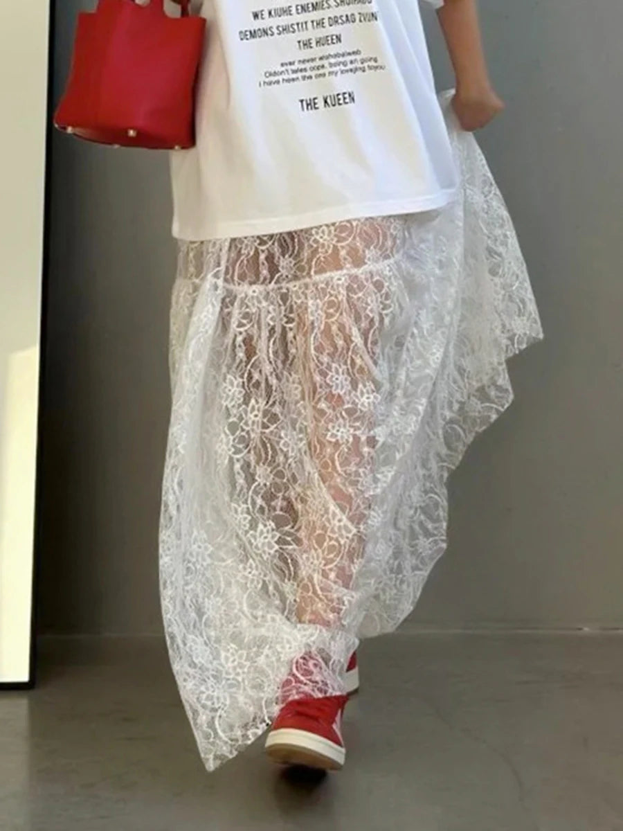 Lace Jacquard Transperant Skirt Women Summer New High Waist Sexy Casual Long Skirts 2024 Streetwear Fashion White Maxi Skirt - reetell