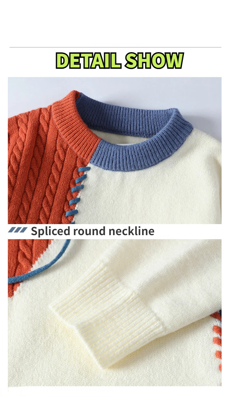 2024 Autumn Winter Warm Sweaters Patchwork Pullovers Korean Style Round Neck Knitted Sweater Men Women Fashion Knitwear - reetell