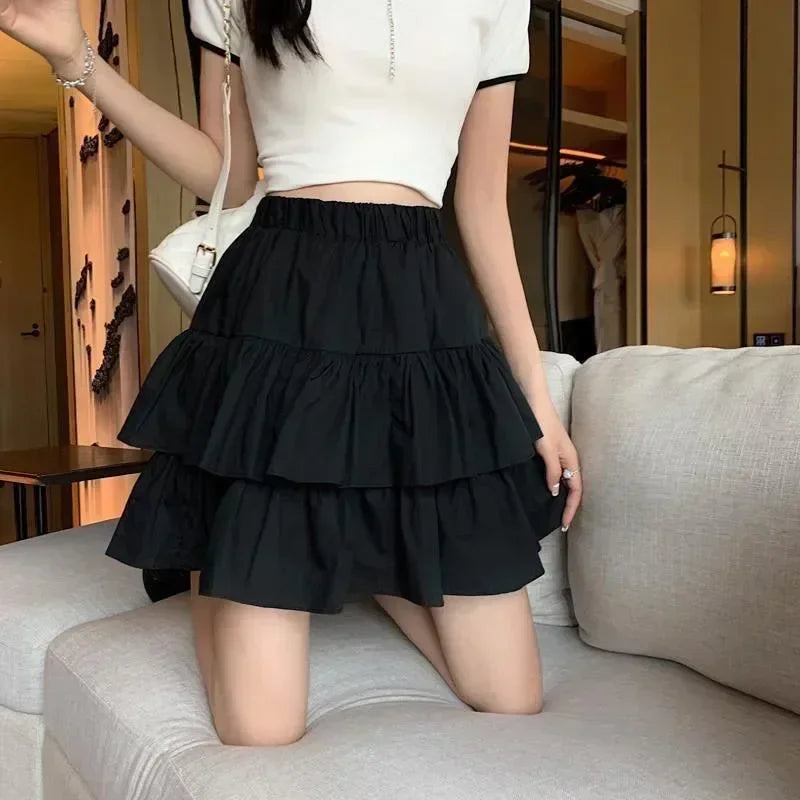 Sweet Cake A-line Skirt Black Women Cute Pleated Puffy Skirt Elastic Waist Preppy Style Solid Color Casual Korean Fashion Casual - reetell