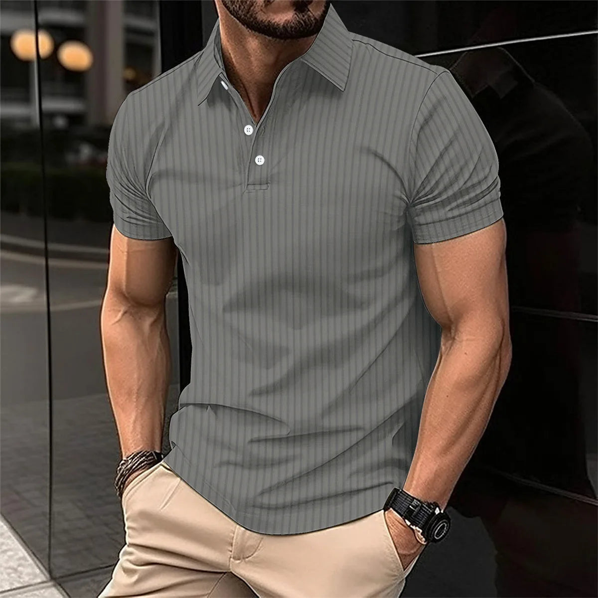 Summer men's polo shirt solid color button short sleeve striped lapel T-shirt casual breathable top men's wear Color Black S-3XL