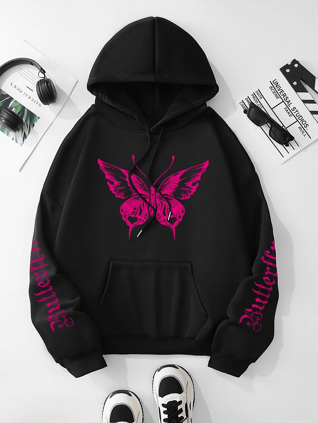 Butterfly & Letter Print Drawstring Hoodie, Casual Long Sleeve Kangaroo Pocket Hoodie Sweatshirt, Women's Clothing - reetell