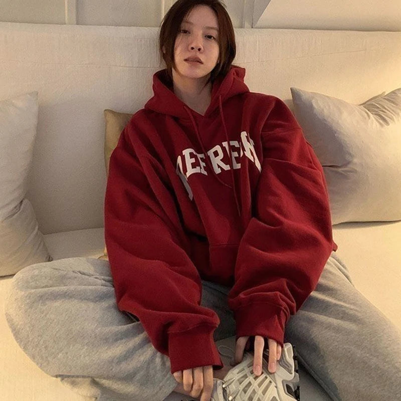 Rimocy Autumn Winter Letter Printed Hoodie Women Fashion Korean Thicken Hooded Sweatshirts Woman Y2K Streetwear Loose Hoodies - reetell