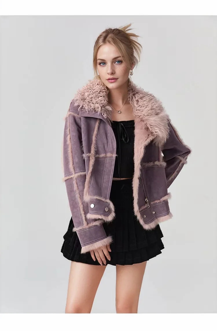 2024 Winter Short Style Fur Women Sheepskin Jacket Tanned Suede Luxury With 100%Natural Rabbit Lining Luxury Fashion Fur Coat - reetell