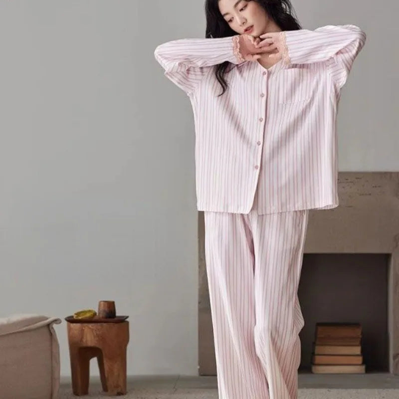 Striped Pajamasr Women Spring Autumn 2024 New Loungewear Cardigan Long Sleeved Cotton Sleepwear Lace V-neck Casual Homewear