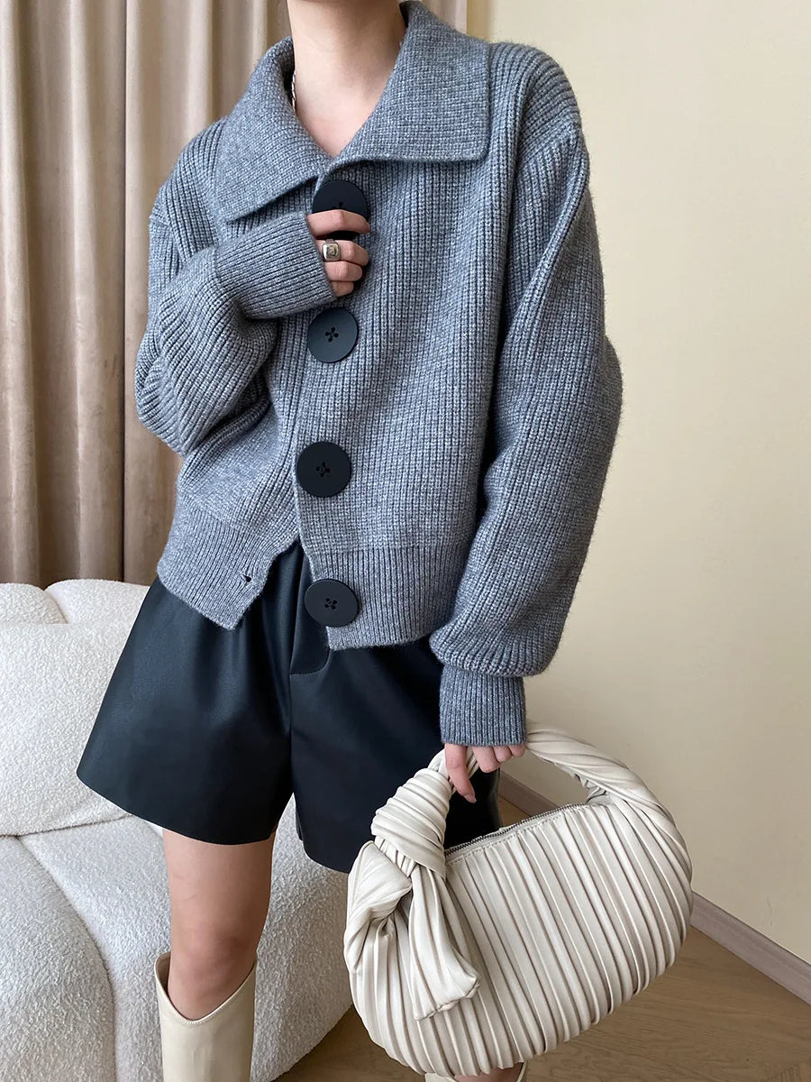 Fashion Big Button Cardigan for Women Loose Thickening Turn-down Collar Knit Sweater Autumn and Winter 2024 Grey Cardigan Coat - reetell