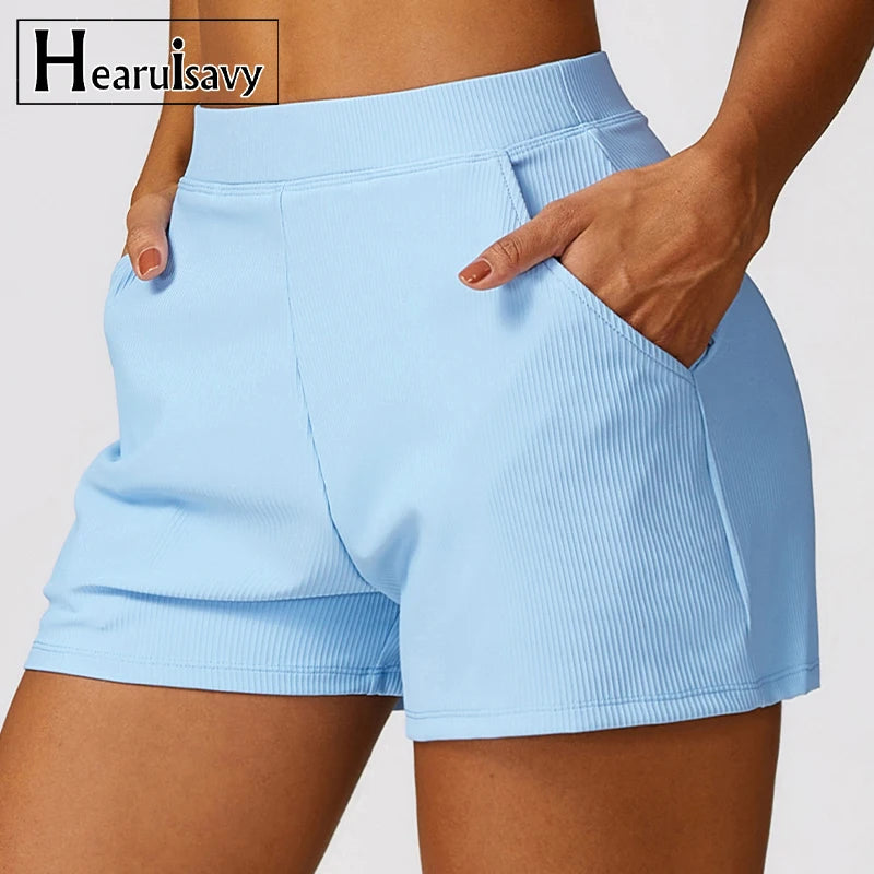 Ribbing Yoga Shorts Casual Sports Shorts Women Pockets Gym Running Pants Women Workout Loose-fitting Shorts Female Yoga Clothing - reetell