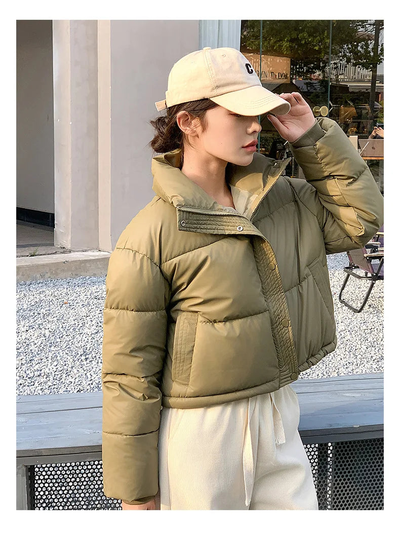 Winter Women Clothes Cropped Jackets Parkas Warm Stand Collar Cold Coat Zipper Puffer Jacket Korean Fashion Cotton-padded Jacket