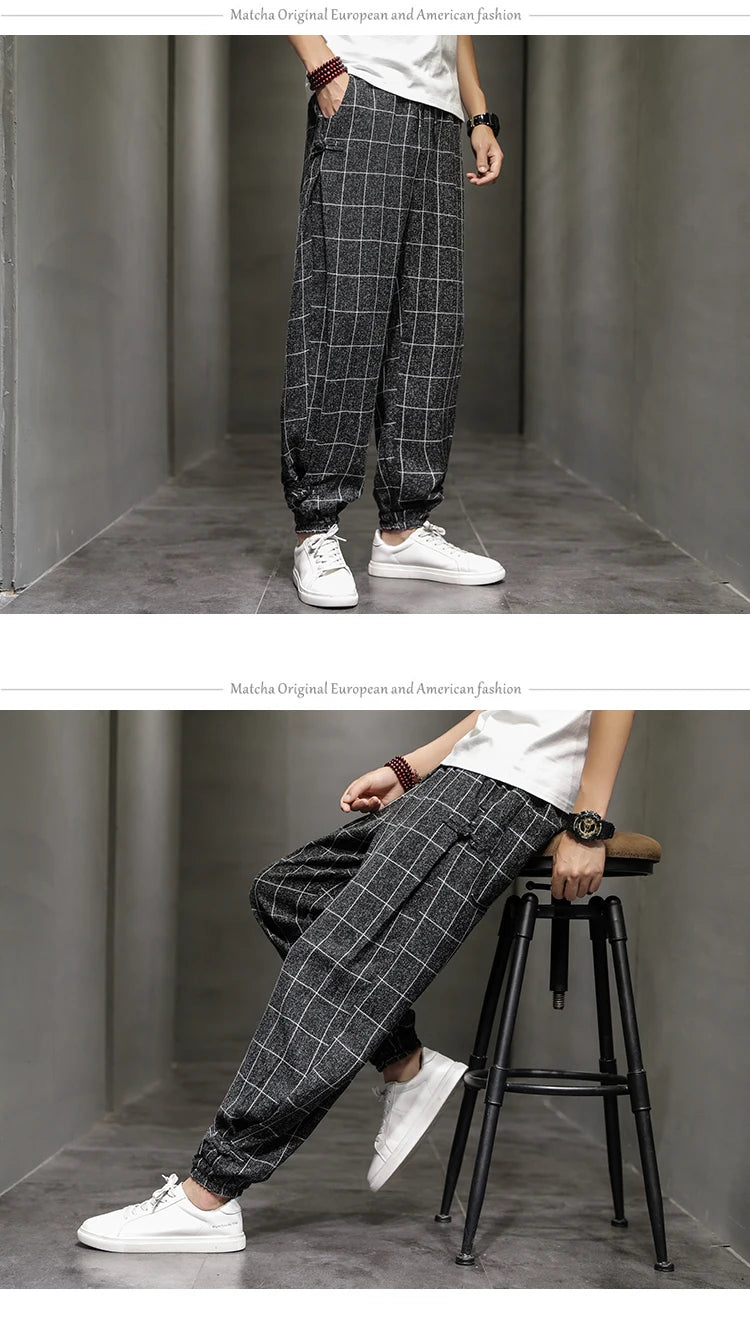 Cotton Linen Pants for Men New Trend Disc Buckle Hallen Pants Man Spring Summer Comfortable Breathable Casual Pants