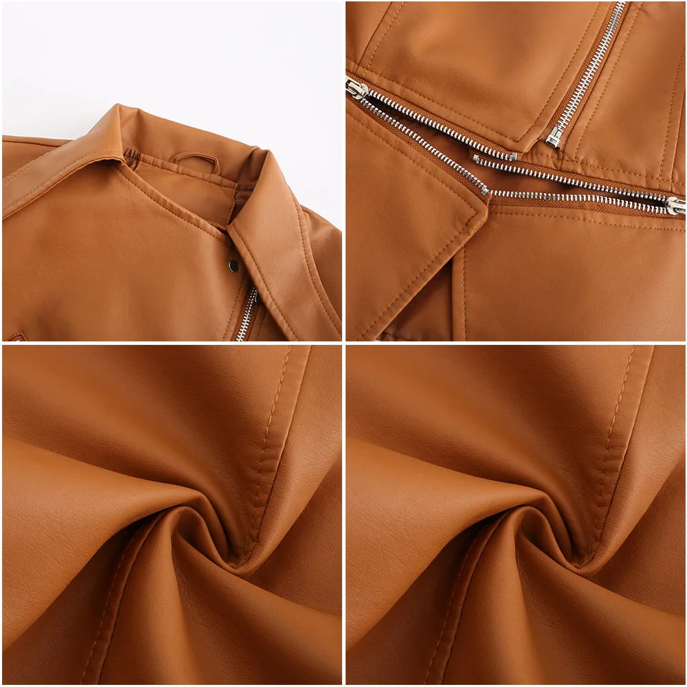 2024 Spring Autumn Women's Leather Jacket Female Detachable Hem Lapel Zipper Casual Coats Women's Locomotive Windbreaker