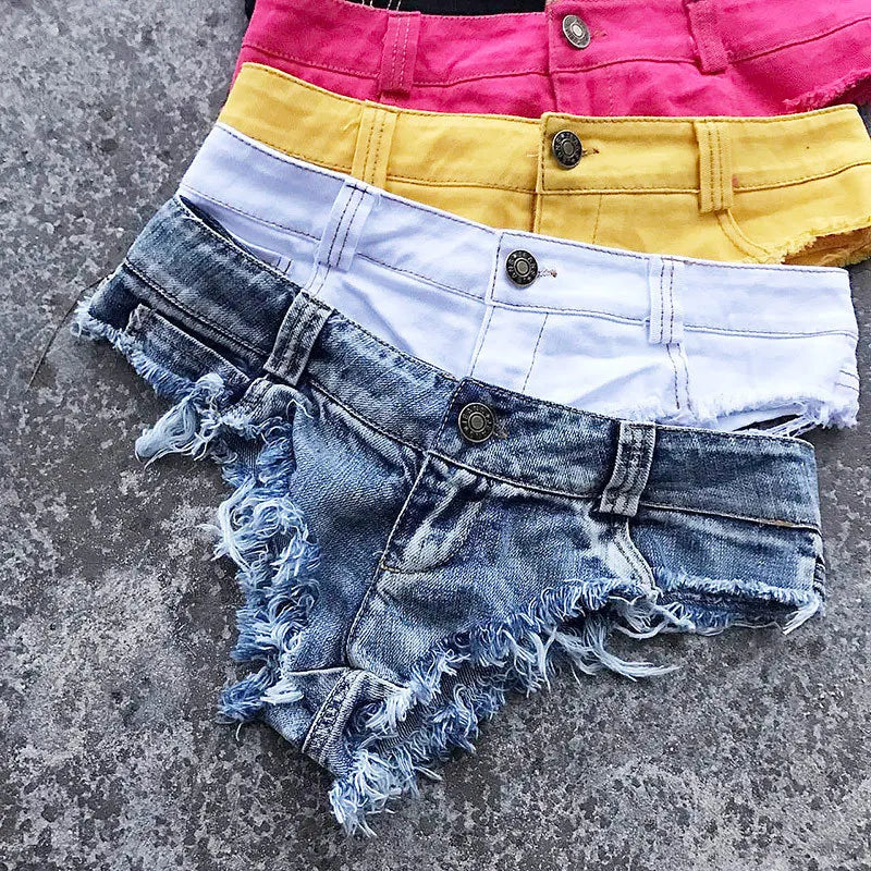 Qisin 2023 New Women Sexy Low Waist Hole Tassel Denim Shorts Jeans Thong Short Feminino - reetell