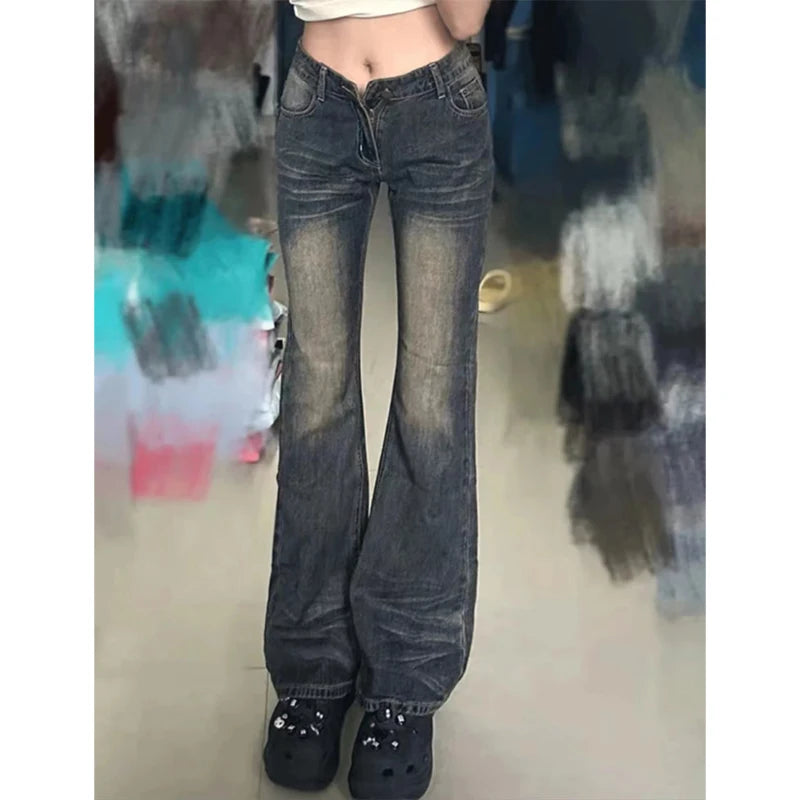 Women's Grey Flare Jeans Vintage Korean High Waist Cowboy Pants Harajuku Denim Trousers 90s Aesthetic Y2k Emo 2000s Clothes 2024 - reetell