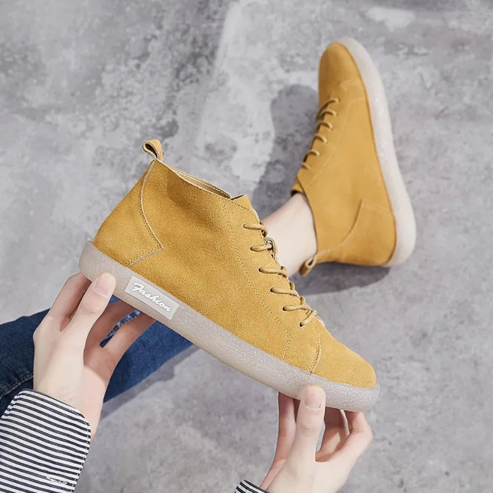 Soft Sole Single Shoes Spring and Autumn Flat Sole Women's Shoes Retro Single Layer High Top Frosted Leather  Ankle Boots Women