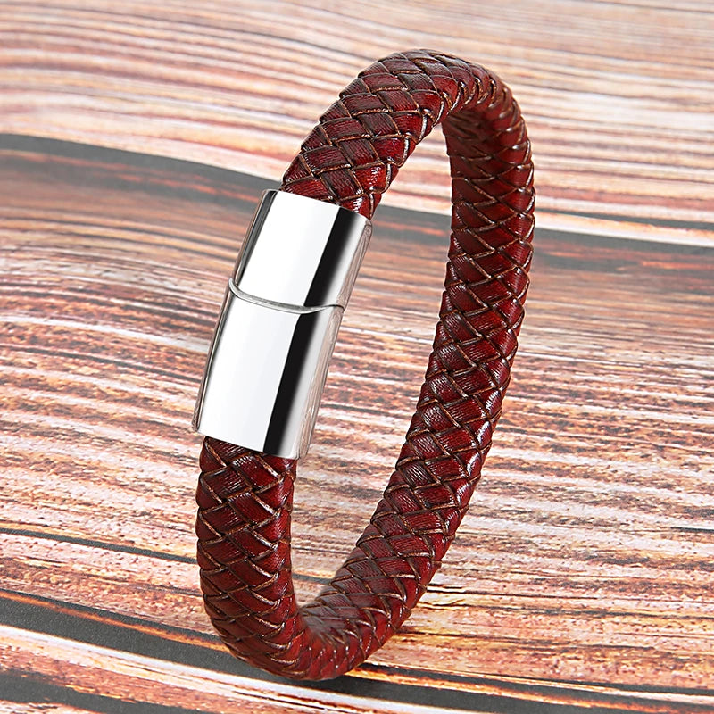 Mibrow Vintage Braided Genuine Leather Bracelet for Men Women Stainless Steel Magnetic Clasps Bracelets Punk Charm Men Jewelry