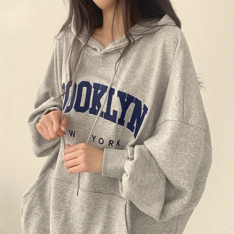 BROOKLYN Letter Print Hoodies Women Retro Chic Long Sleeve Loose Pullovers 2023 Harajuku Casual Hooded Sweatshirt Y2K Streetwear - reetell