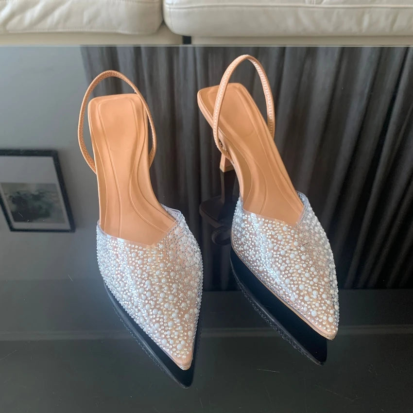 Slingback Artificial Pearl Decorated Women Pumps Wedding Shoes Sexy High heels Sandals Elegant Summer Party Bridal Shoes Woman