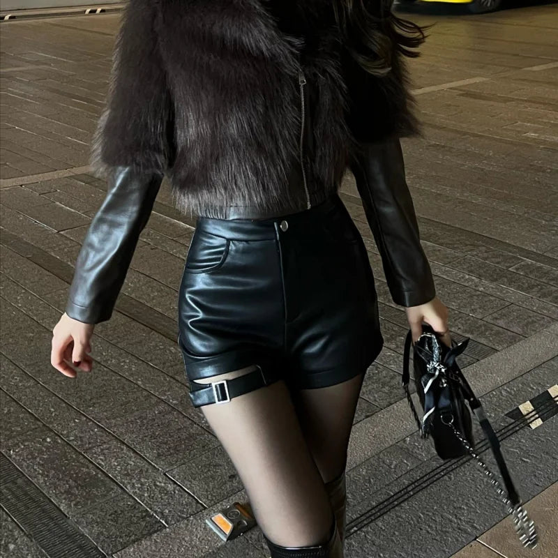 Sexy Black Pu Leather Shorts Women's Autumn and Winter Tight Gothic High Waist Shorts Street Fashion Y2K Hot Girl Outfit - reetell