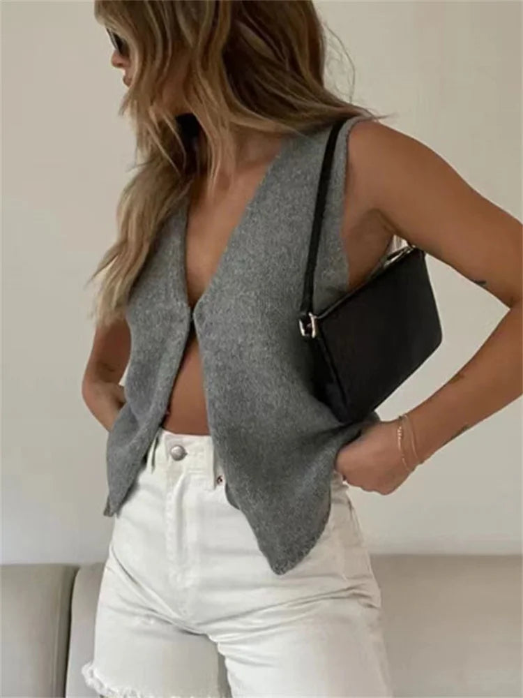 Tossy Female Hollow Out Knit Cardigan Sexy Sleeveless Baggy High Street Tank Top Summer V-Neck Slim Fashion Women Vest Y2k Top - reetell