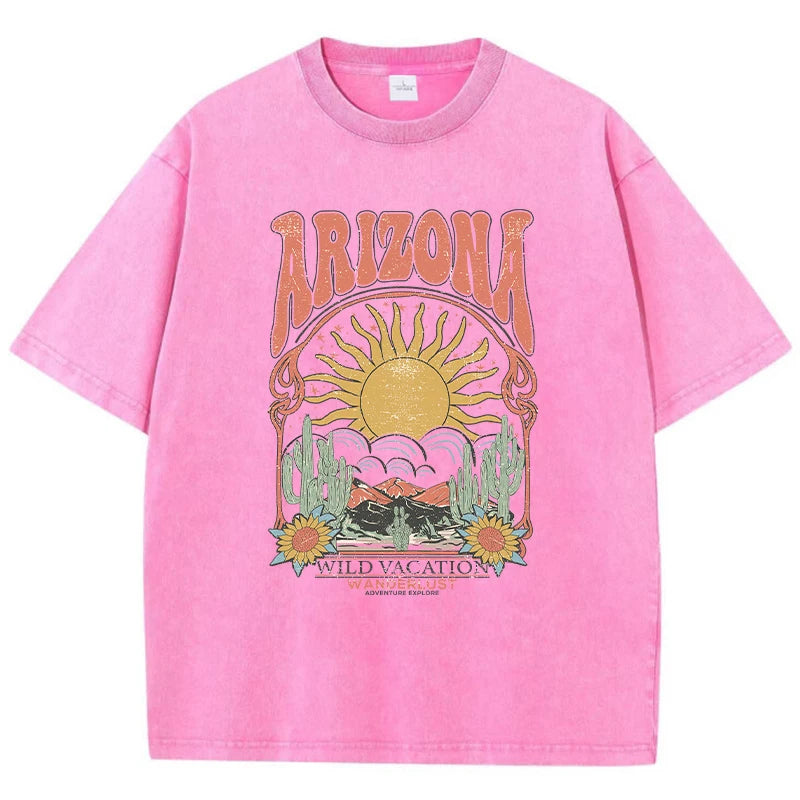 Fashion Women Cotton Washed T-Shirt Beautiful Arizona Wildlife Vacation Invites You Print Tops Casual Loose Tees Vintage Clothes - reetell