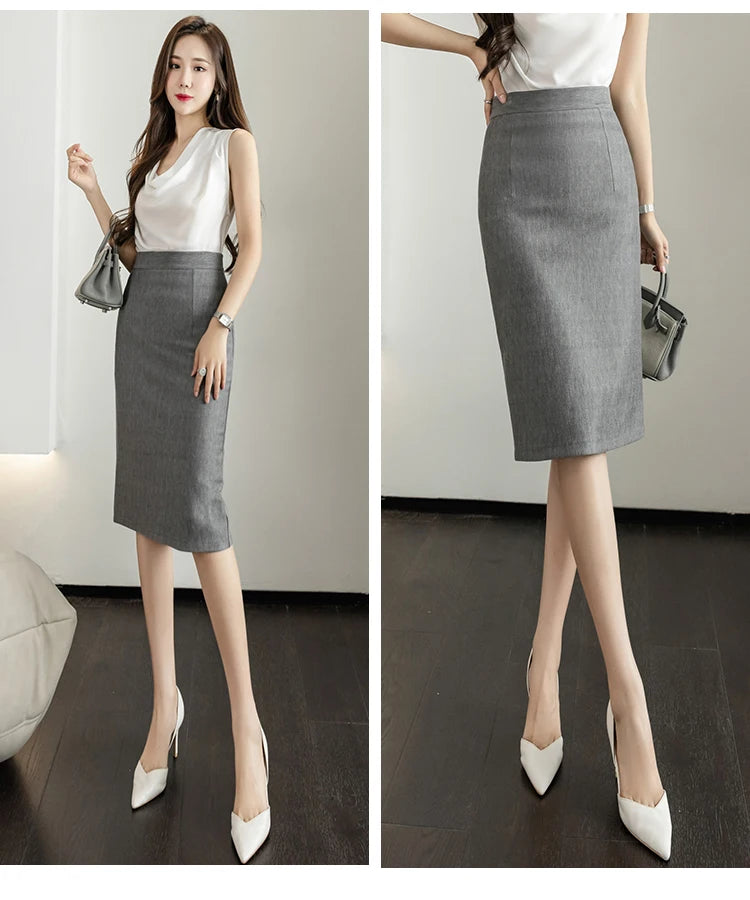 Classic Vintage Gray Red Stretch Pencil Skirts For Women Office Lady Formal Black Midi Skirts Elegant Female Package Hip Skirts - reetell