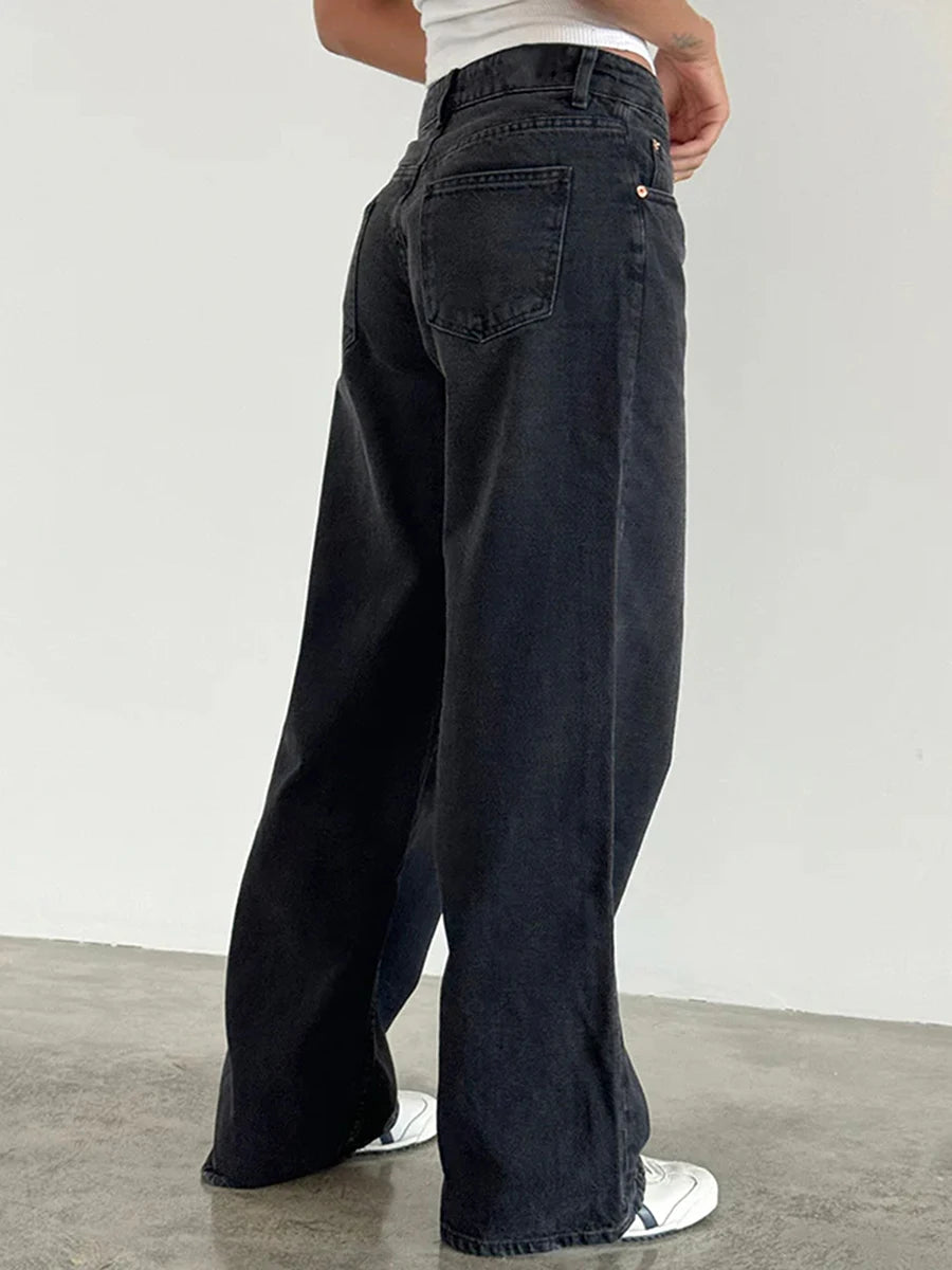 Women's Low Rise Jeans Wide Leg Trousers with Multi Pockets Oversized Fit Floor Length Buttons and with zip Washed Denim Pants - reetell