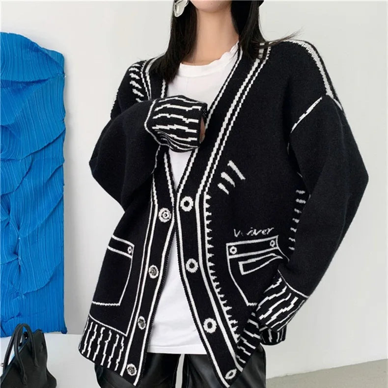 Y2K Cardigan Women Print Graffiti Top Long Sleeve Loose V-neck Sweater Autumn Winter Streetwear Knitted Female Cardigans Coat - reetell