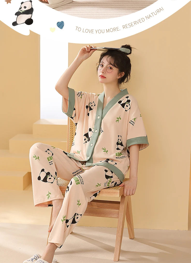 Women Clothing M-5XL Summer Cotton Panda Pajama Casual Short Sleeve Kimono Cardigan Sleepwear Cartoon Nightwear Woman Loungewear