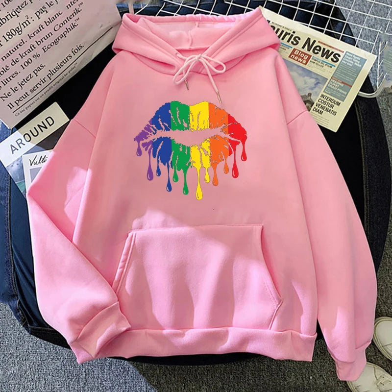 Women'S Winter Autumn Fashion Hooded Casual Long Sleeve Lgbt Pride Rainbow Lips Hoodies Sweatshirts Loose Pullover - reetell