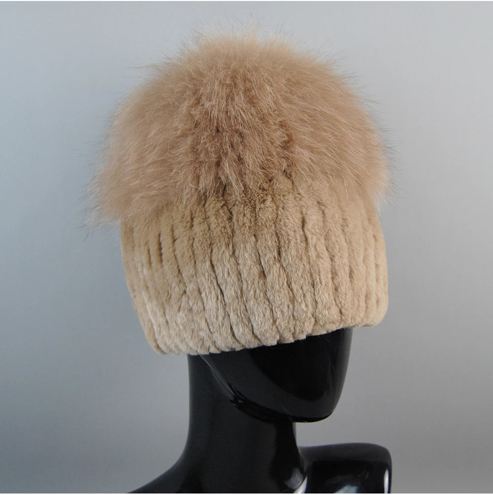 2024 Lady Winter Real Fur Hats Women Warm Knitted Genuine Rex Rabbit Fur Hat Top Natural Fox Fur Bomber Caps Rex Rabbit Fur Cap - reetell