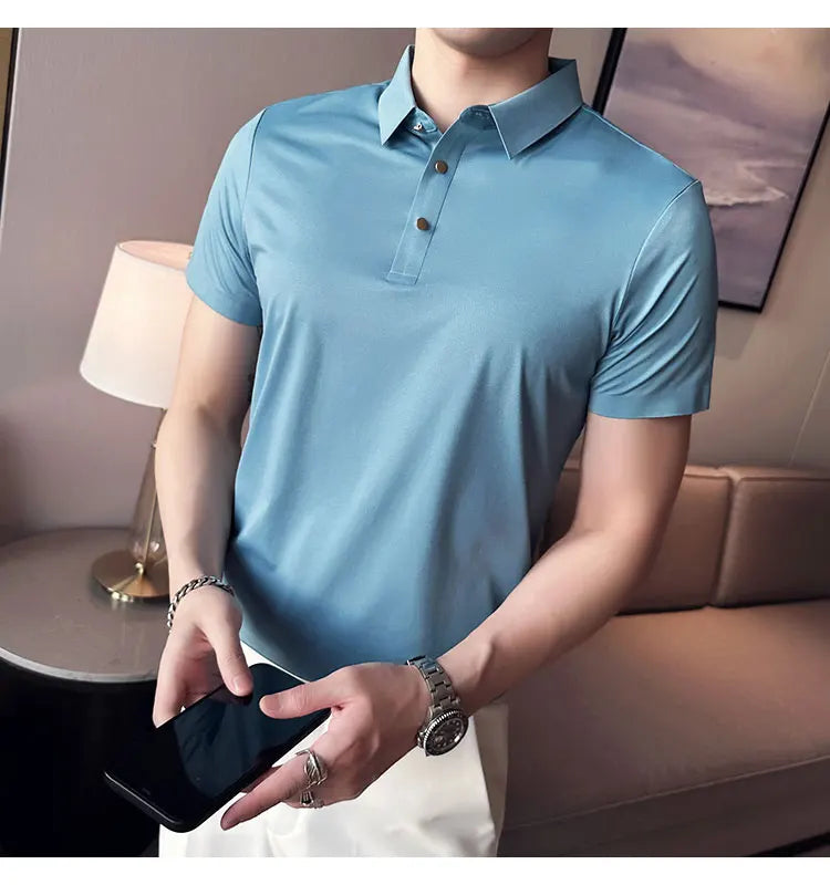 Ice Silk Traceless T-shirt Men's  Business Casual Solid Color Half Sleeve High Elasticity Top Silk Smooth Breathable POLO Shirt