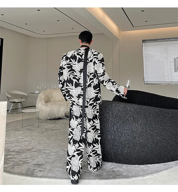 IEFB Niche Design Men's Two-piece Collarless Embroidery Blazer Loose Straight Suit Pants Contrast Color Male Sets New 9C7485 - reetell