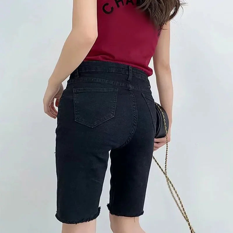 Women High Waist Denim Shorts 2024 Summer Thin Ladies Stretch Skinny Jean Short Pants Solid Color Female Casual Biker Shorts - reetell