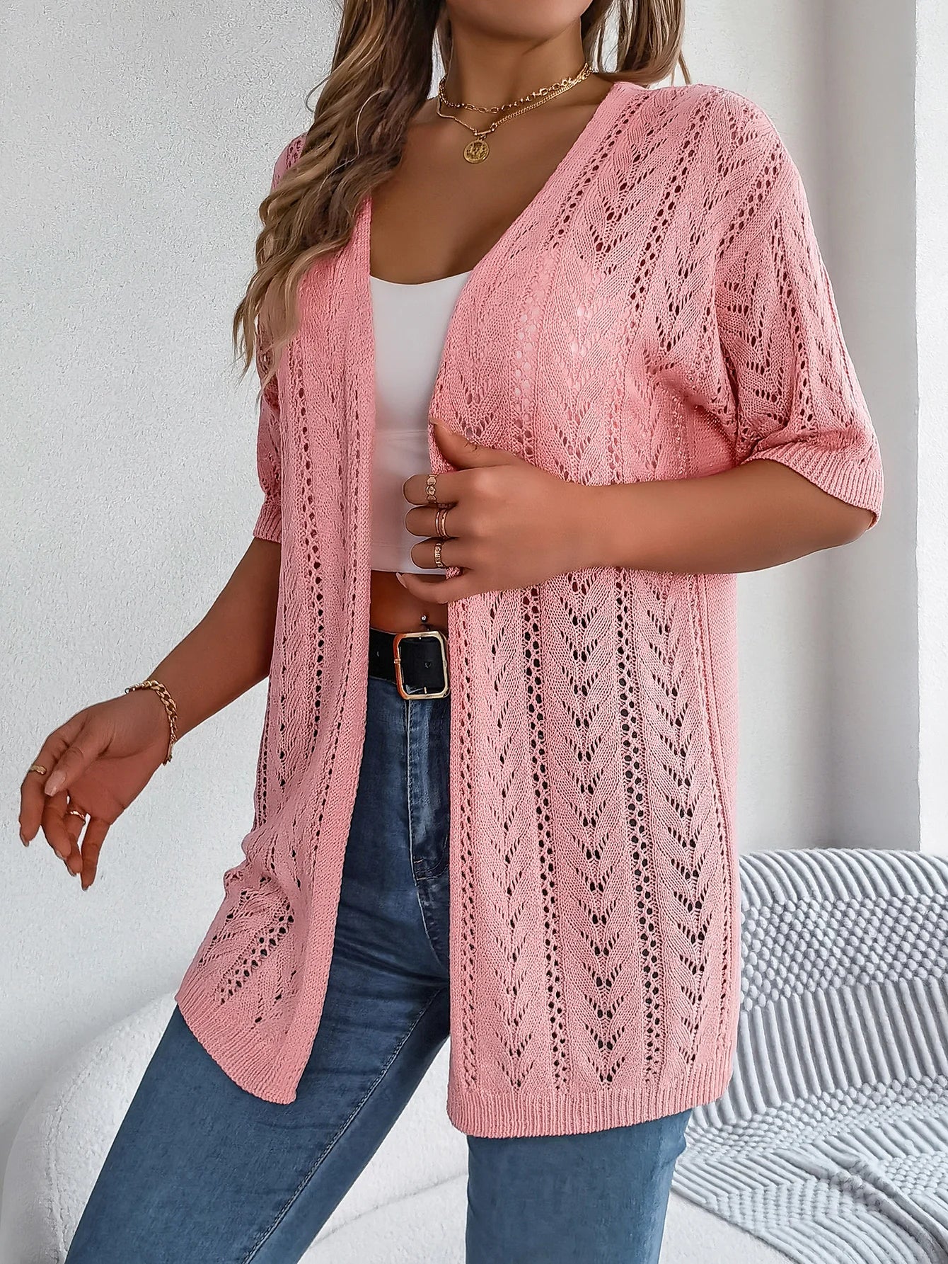 Casual Solid Color Short Sleeve Hollow Knitted Cardigan For Women - reetell