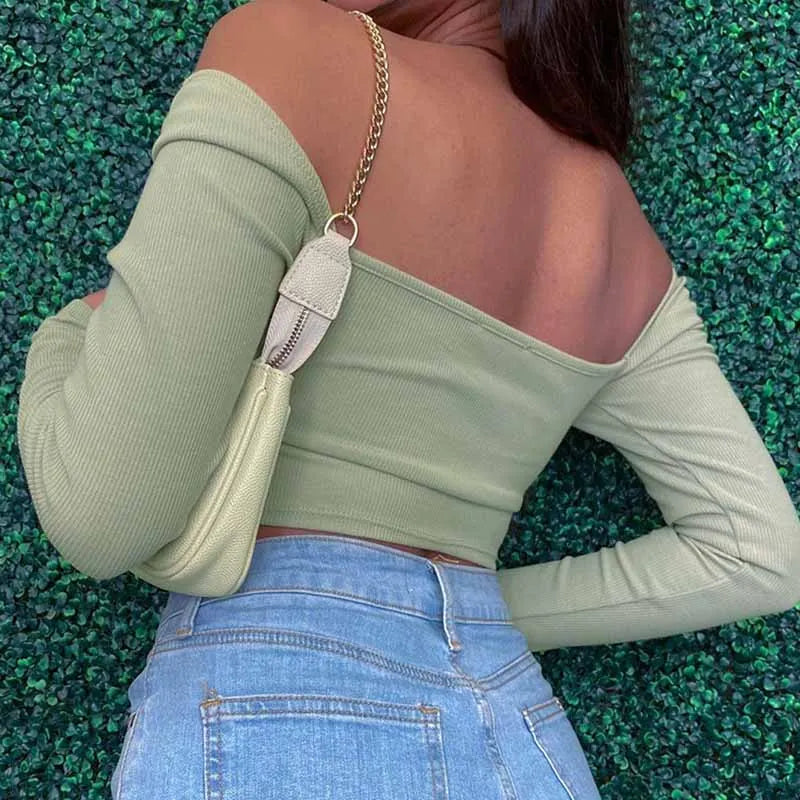 Hollow-Out V-neck Long Sleeve Crop Tops Spring Fall Casual Fashion Women Square Collar Slim Ribbed T-Shirts Backless Tee - reetell