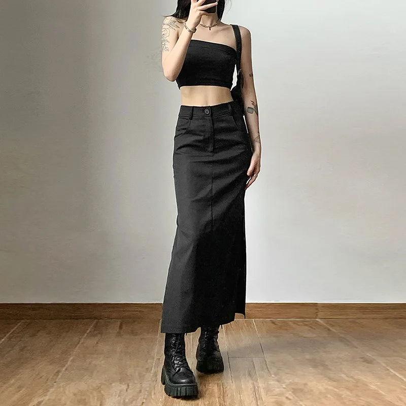 Women Midi Skirts Goth Dark Grunge Casual Tag Split Mall Gothic Punk High Raise Slim Long Skirt Y2k Sexy Fashion Streetwear - reetell