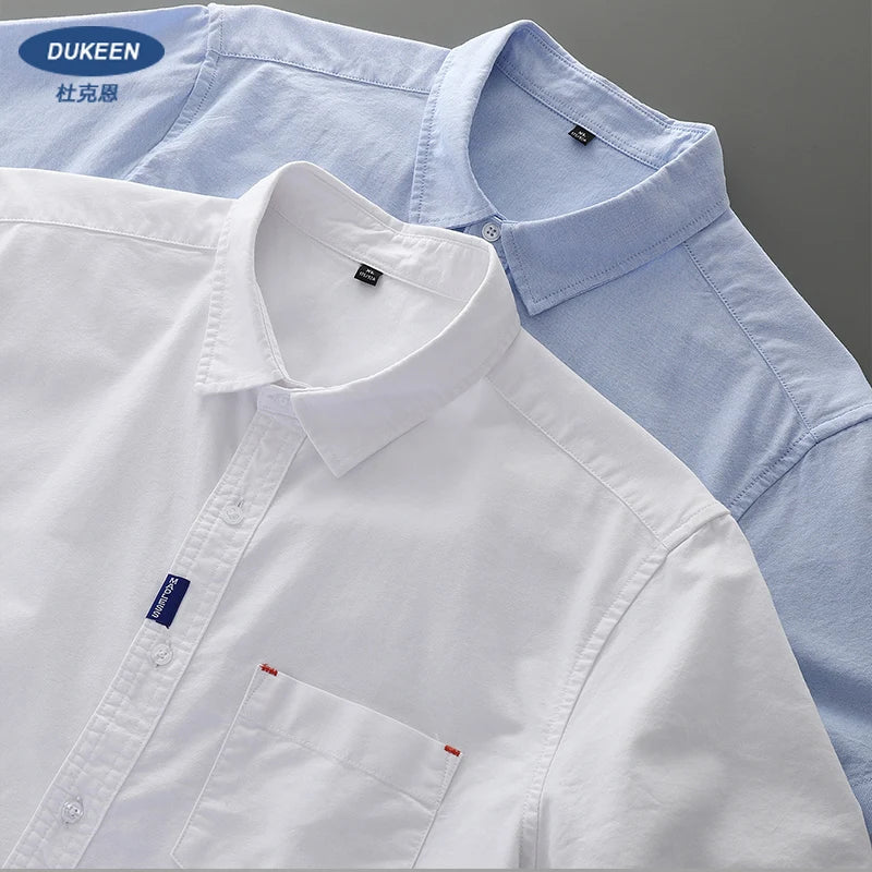 Dukeen 100% Cotton Oxford Spinning Shirt for Men Summer Casual Solid Color Blouse Man White Short-Sleeved Tops