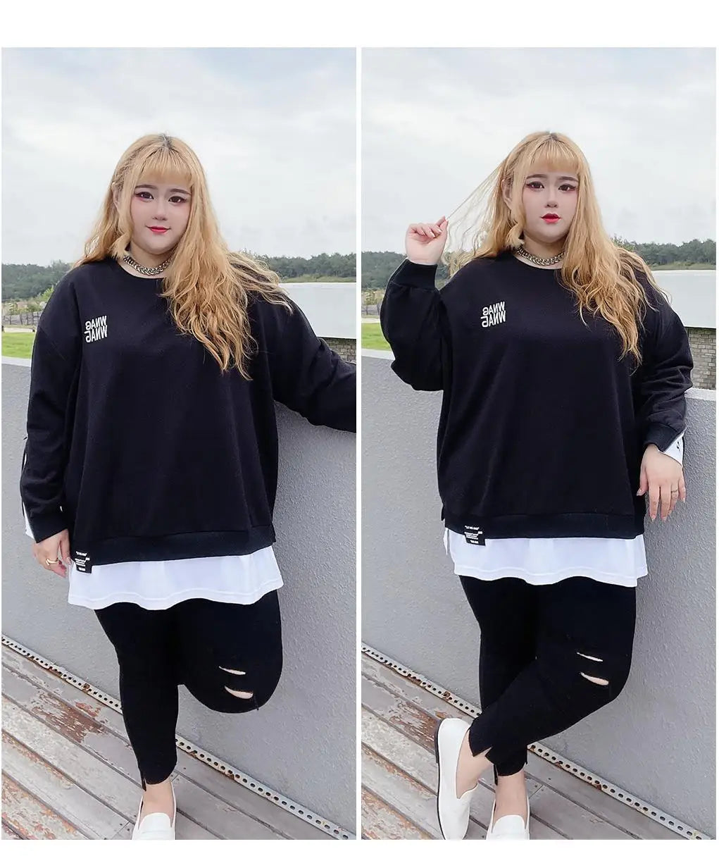 Spring Autumn New Korean Fashion Two Fake Pieces Plus Size Sweatshirt Women Letter Patchwork Casual Lady Tops Oversized Clothes - reetell