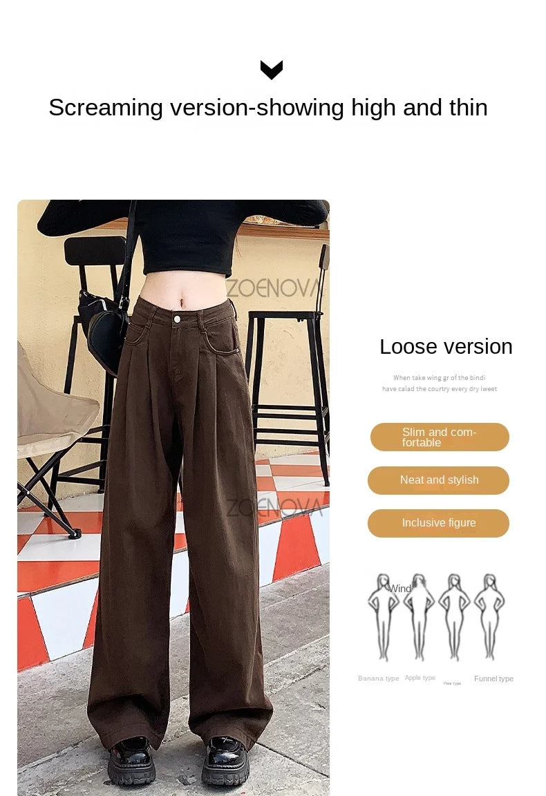 ZOENOVA Spring Autumn Korean New Fashion Dark Brown Women's Jeans Street Casual Wide Leg Pants Loose Straight Versatile Trousers - reetell