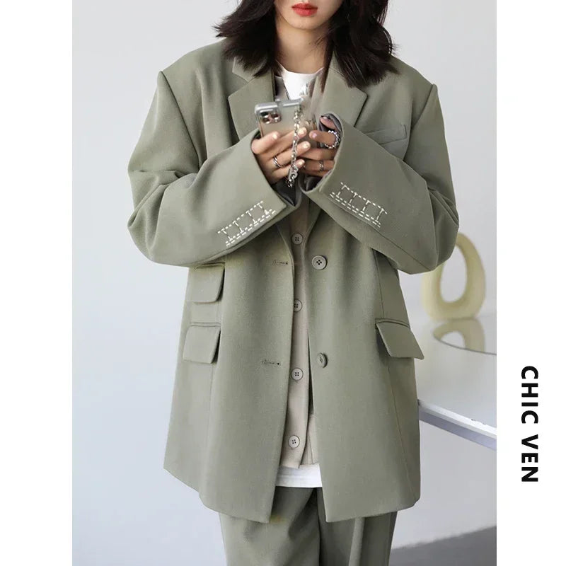 CHICVEN  Women Office Lady Blazer Cuff Embroidery Wide Shoulder Twill Suit Women's Autumn Ladies Outerwear  Stylish Tops - reetell