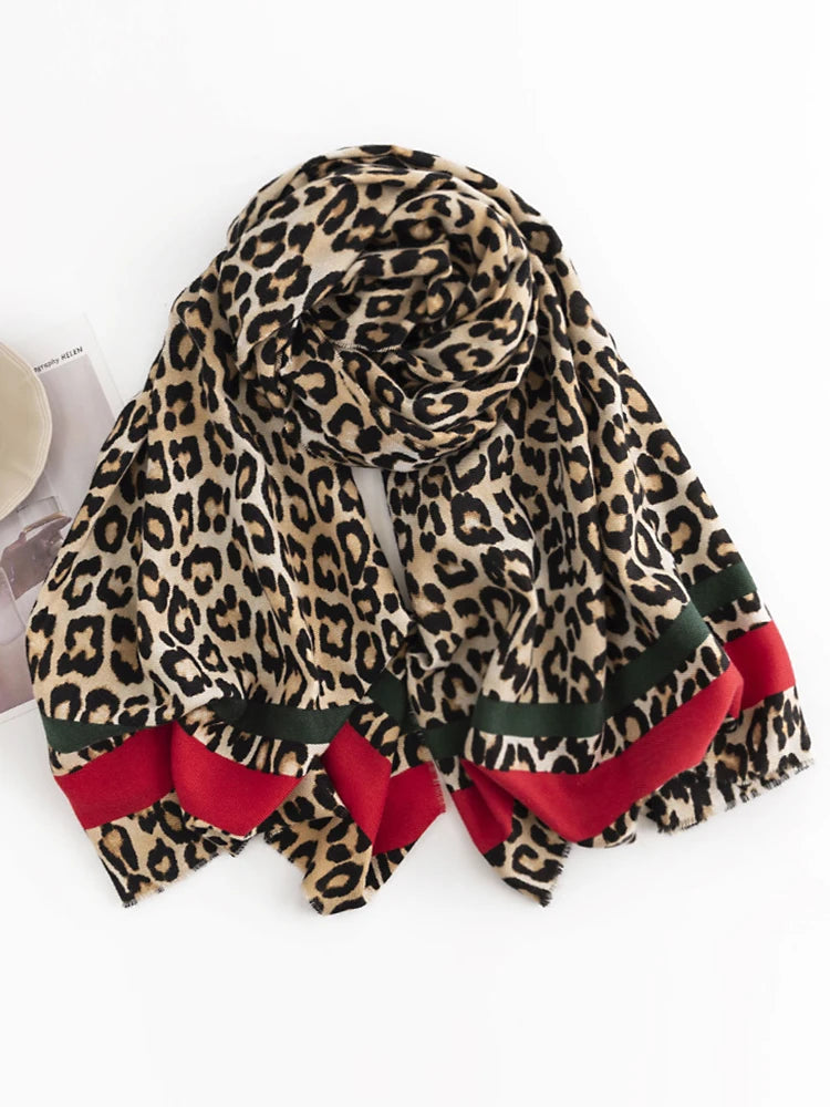 Fashion 2023 Knitted Imitation Cashmere Women Scarf Headscarf Winter Lady Retro Leopard Printed Scarve Pashmina Mujer Wrap Shawl - reetell