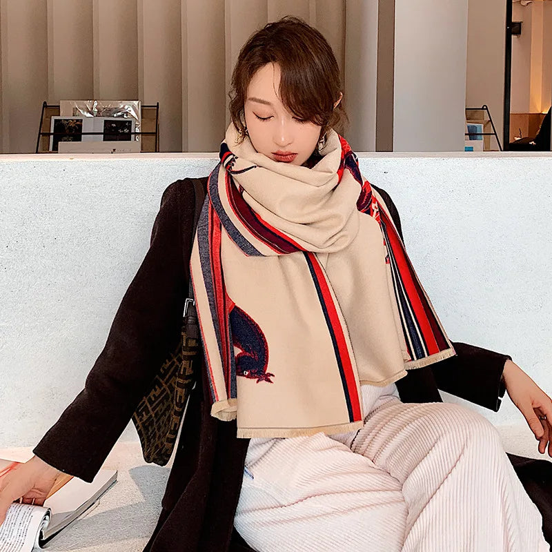 Women's Autumn Winter Horse Pattern Scarf New Luxury Cashmere Feeling Large Blanket Wrap Soft Warm Brand Shawl Retro & Classical - reetell