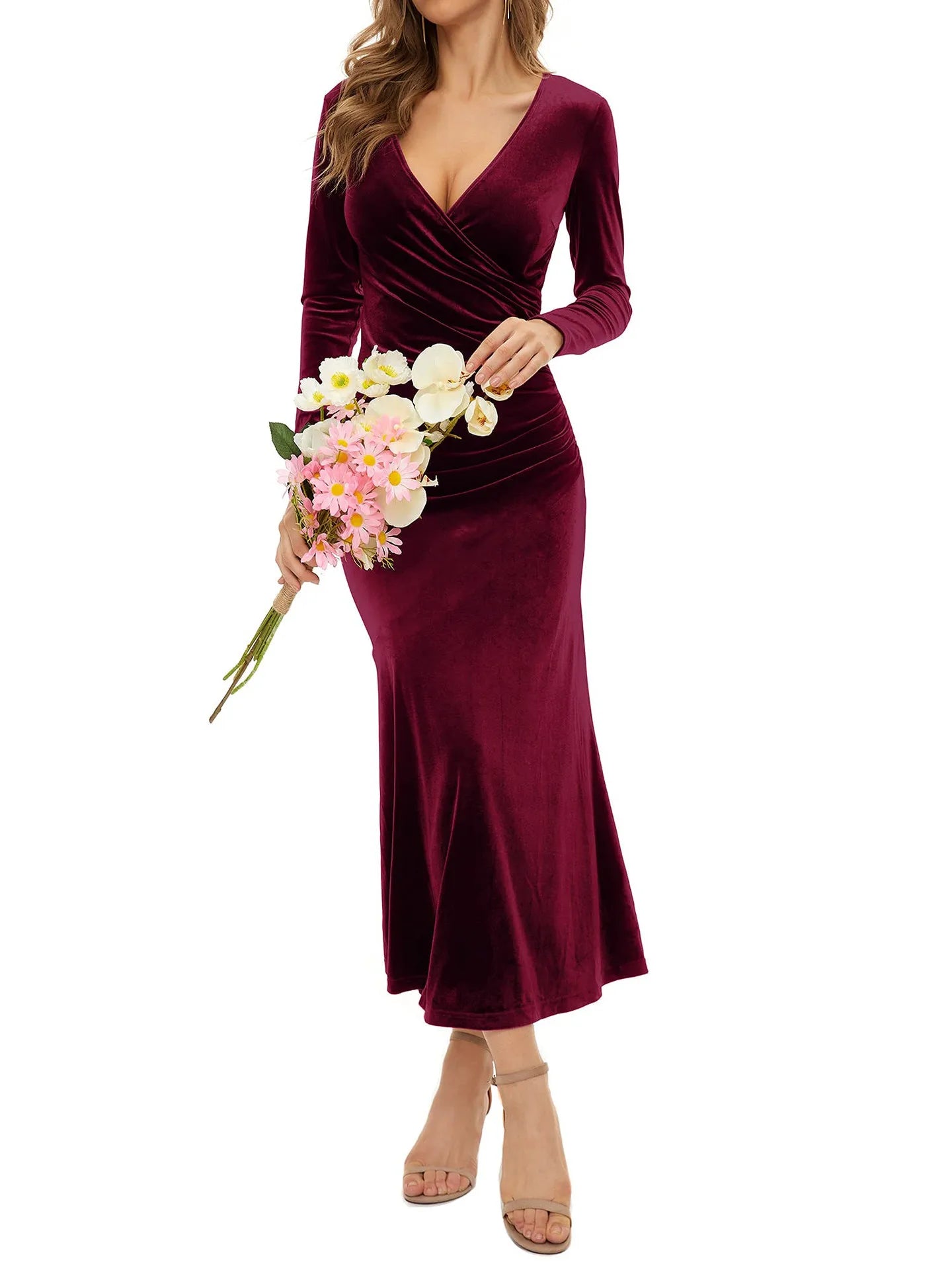 Dress for Women Autumn V-neck Slim Fit Elegant Velvet Long Sleeve Fishtail Evening Party Dresses Vestidos De Noche Juveniles - reetell