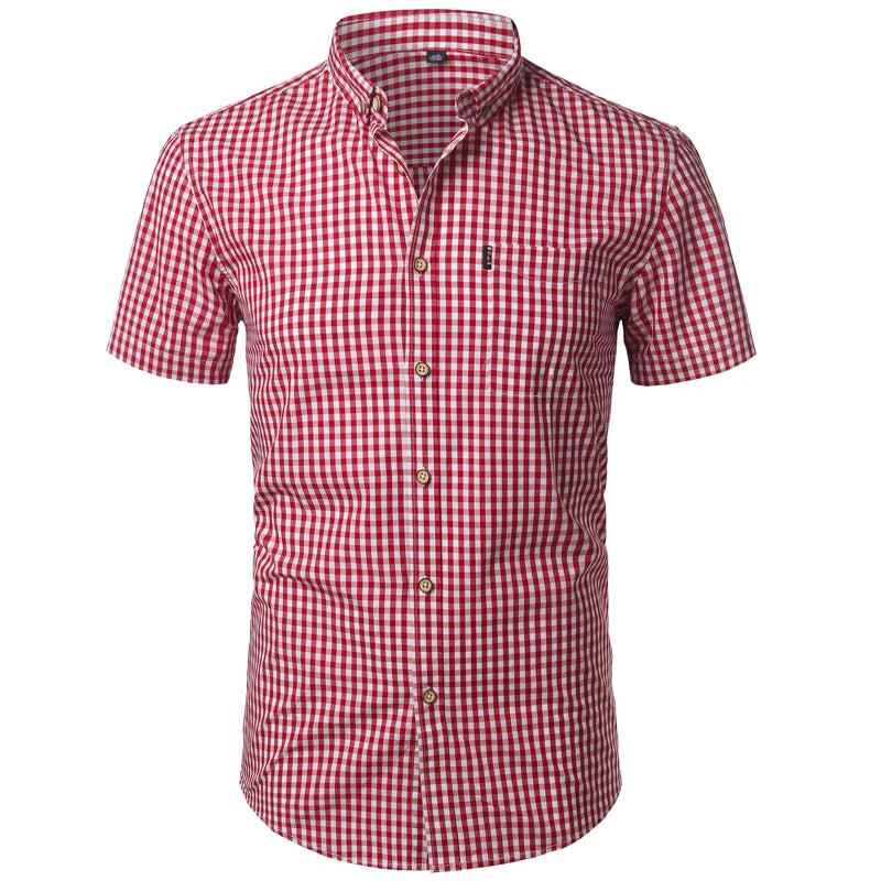 Mens Red Small Plaid Shirts Summer Short Sleeve Cotton Dress Shirts Business Casual Button Down Chemise Homme Camisa Masculina - reetell