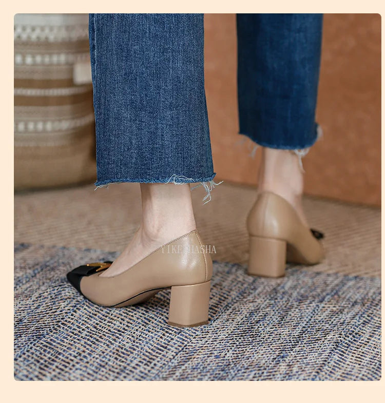 2024 New Temperament Elegant Fashion High-heeled Shoes Women's Shoes Spring Bow Mid-heel Leather All-match Thick-heeled Shoes