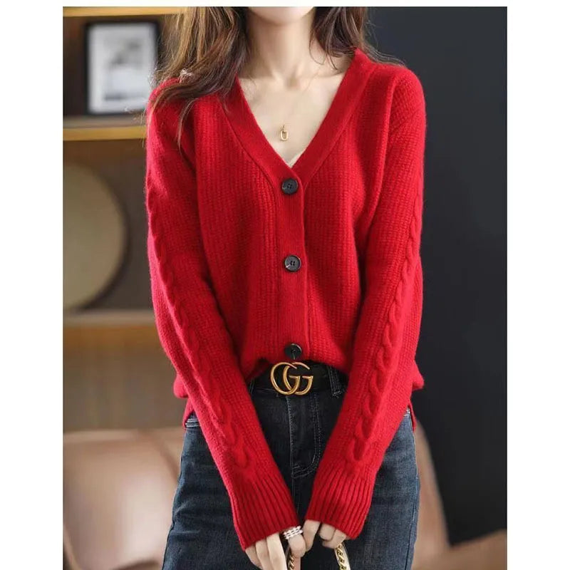 NewFall Fashion V Neck Women Knitted Sweater Cardigan Long Sleeve Soft Slim Sweater Outwear Femlae Solid Casual Knitted Sweater - reetell