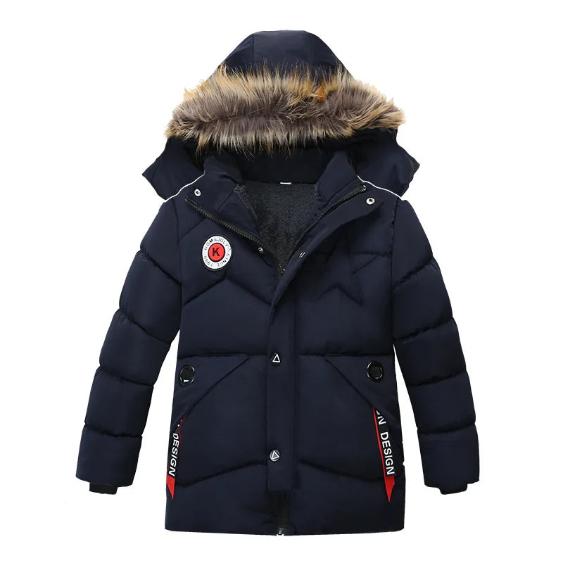 2-8 Years Winter Boys Jacket Thick Keep Warm Lining Plush Detachable Hat Hooded Fur Collar Coat For Kids Children Outerwear - reetell