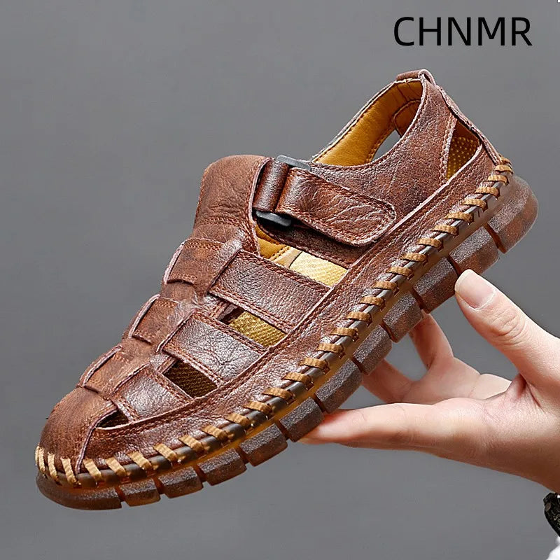 Genuine Leather Sandal for Men Round Toe Lightweight Comfortable Trendy All-match Breathable Fashion Non-slip Shoes Summer Main