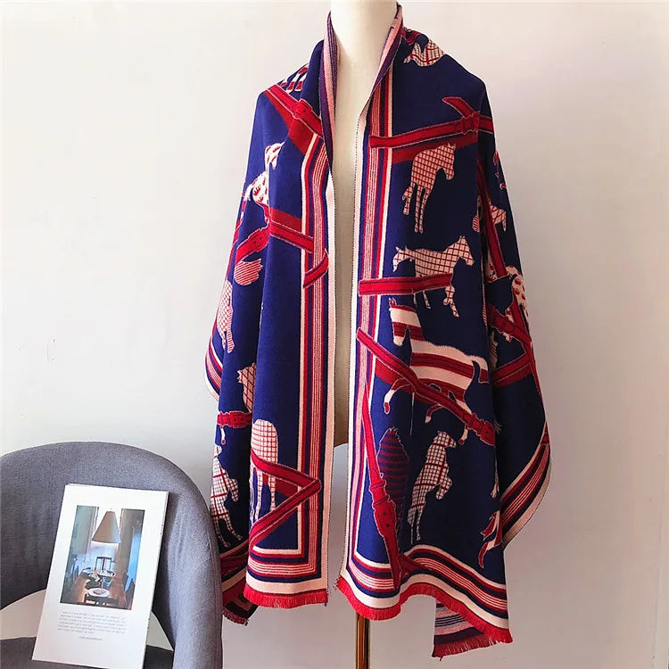 Women's Autumn Winter Horse Pattern Scarf New Luxury Cashmere Feeling Large Blanket Wrap Soft Warm Brand Shawl Retro & Classical - reetell