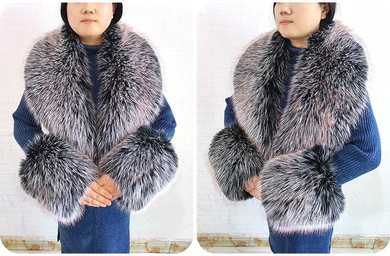 Winter Faux Fur Collar Cuffs Set Women Fluffy Large Shawl Coat Accessories Warm Fashion Fake Fox Fur Scarf Furry Scarves Female - reetell