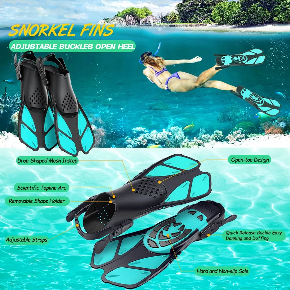 Snorkel Fins Adjustable Buckles Swimming Flippers Short Silicone Scuba Diving Shoes Open Heel Travel Size Adult Men Womens - reetell