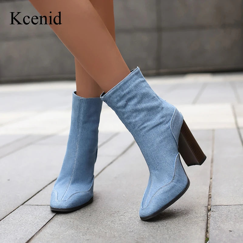 Kcenid Fashion Denim Square Toe Ankle Boots For Women Winter High Heels Sexy Short Boots Ladies Snake Print Party Modern Boots